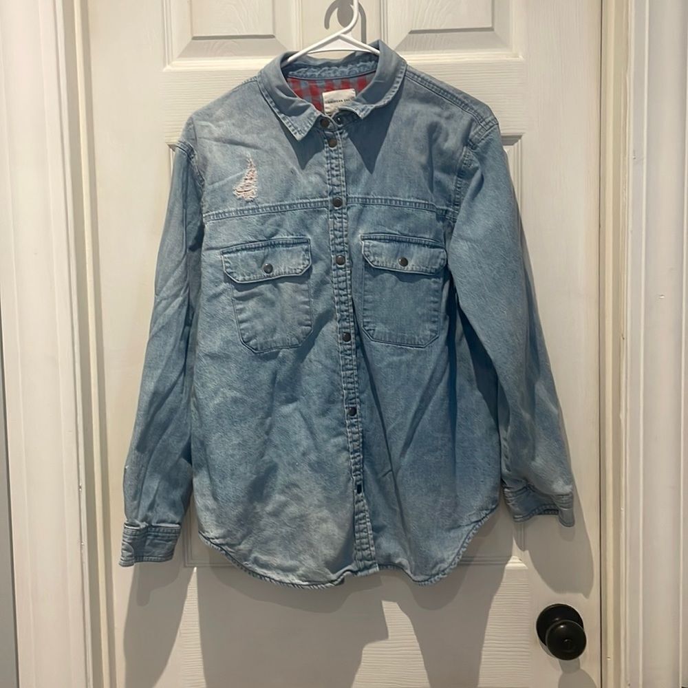 American Eagle flannel lined snap button denim top oversized fit SZ medium